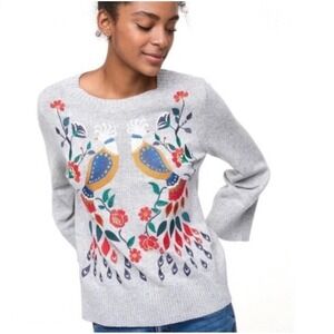 LOFT Gray Embroidered Bird Sweater Womens‎ Small Cotton Wool Blend